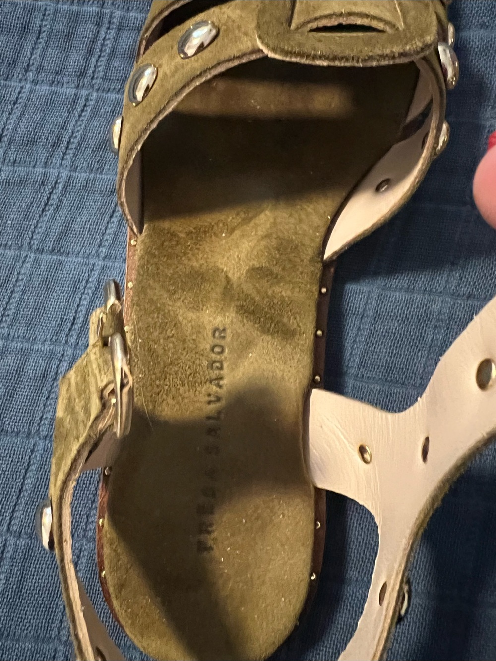 Freda Salvador: Sera Fisherman Sandal - Olive Suede w/ Gold Studs EUC - Picture 11 of 13
